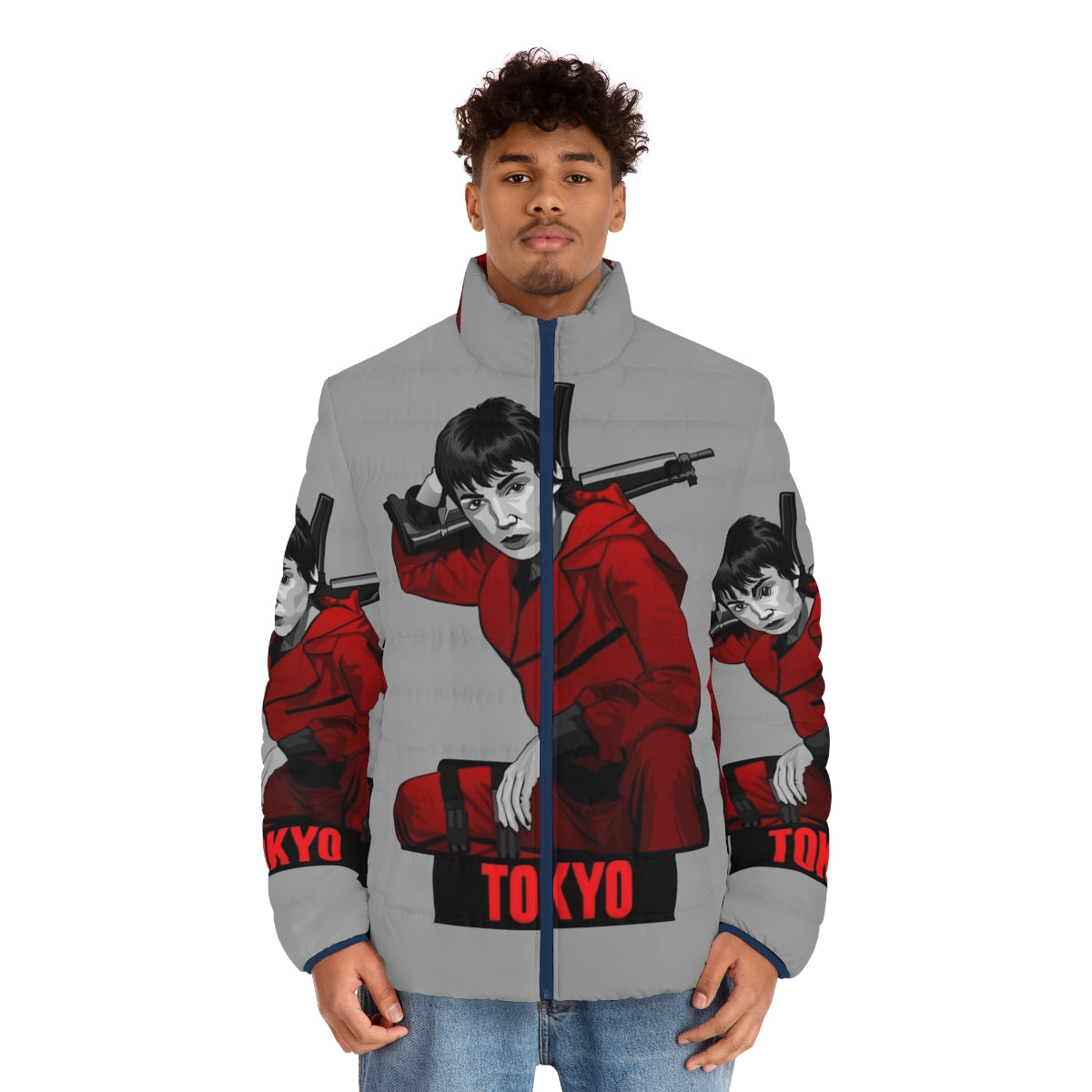 Money Heist Tokyo Puffer Jacket featuring iconic characters and symbols from the hit Netflix series - men front