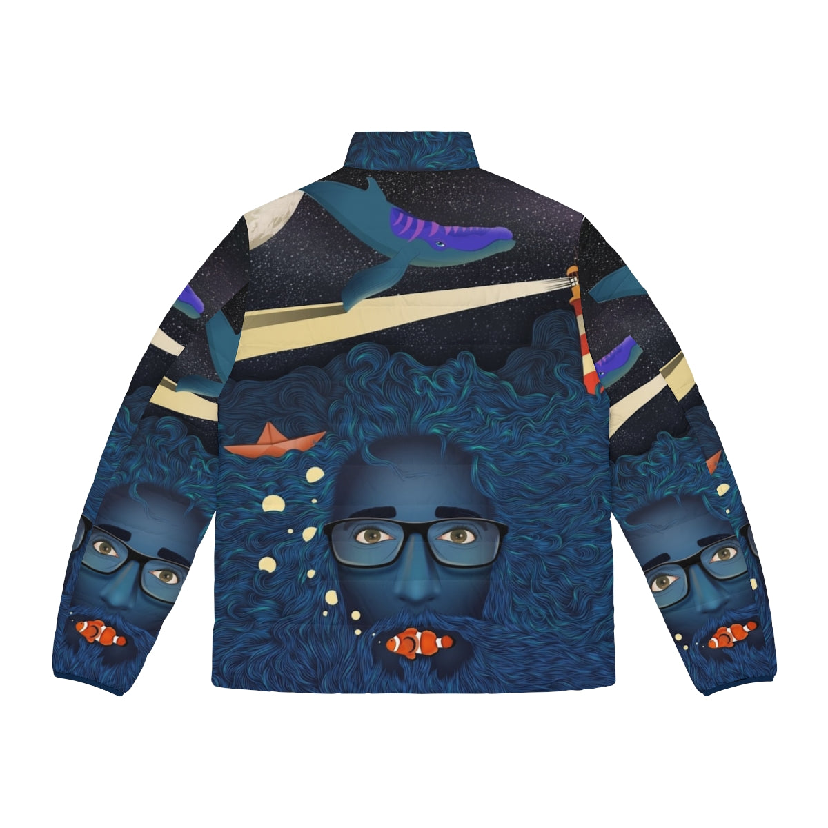 Deep Thoughts Puffer Jacket with Calma Art Design - Fantasy Ocean Theme - Back