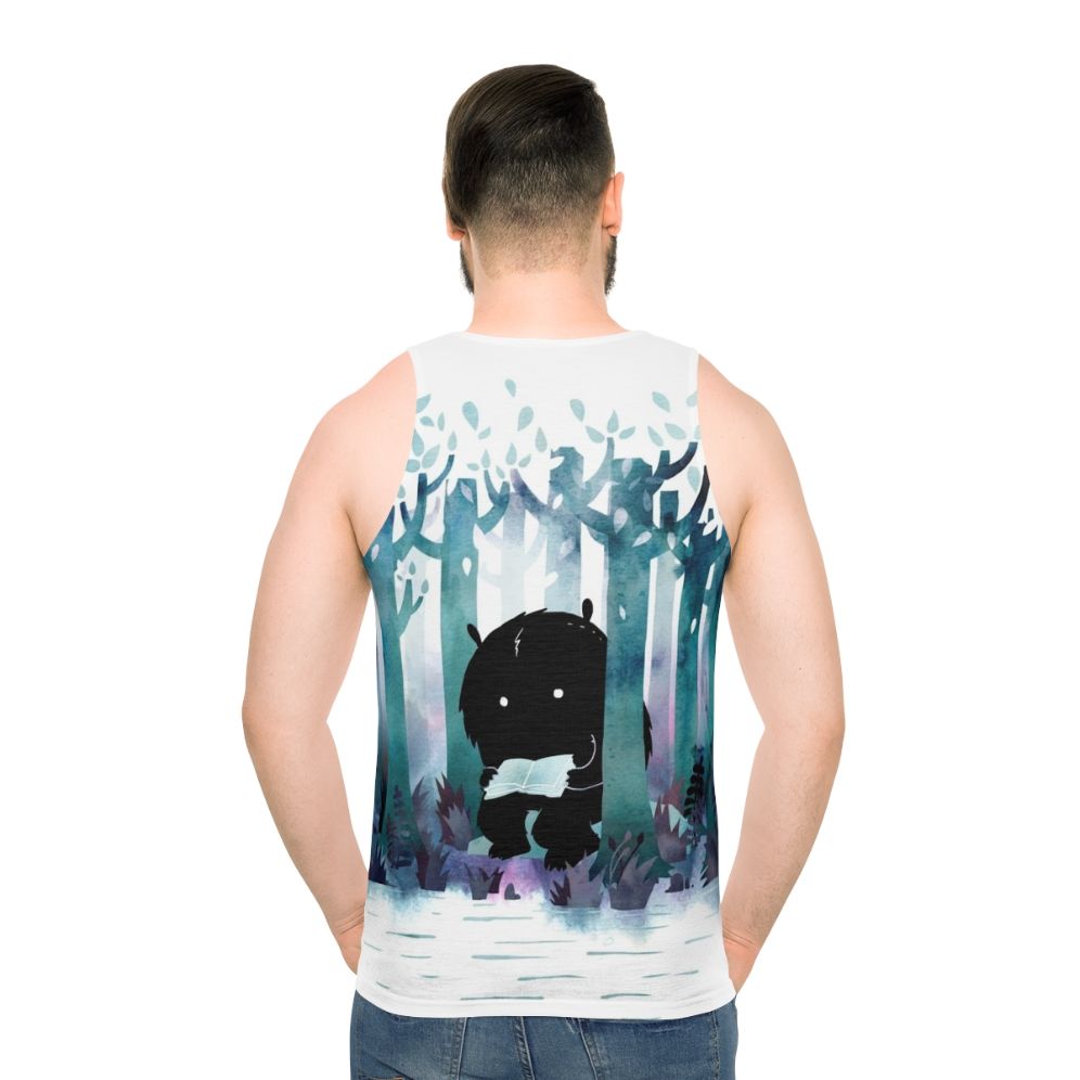 Watercolor unisex tank top with nature and book theme - men back