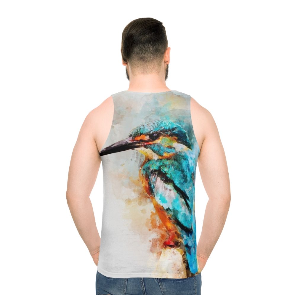 Unisex tank top with vibrant watercolor kingfisher design - men back