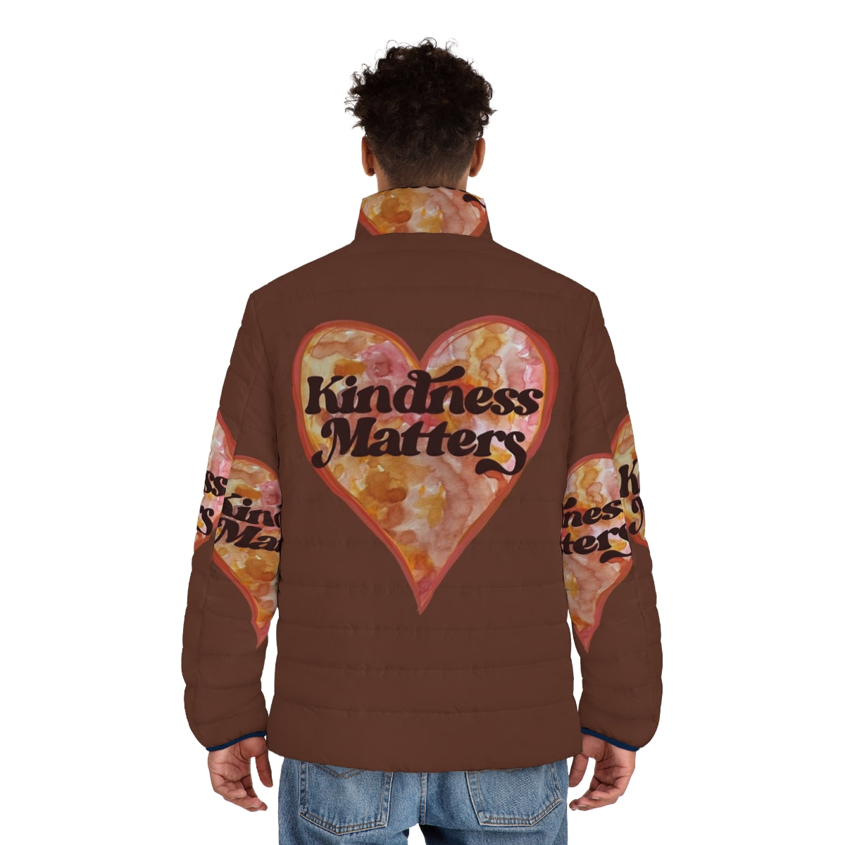 Kindness Matters Puffer Jacket with inspirational heart design - men back