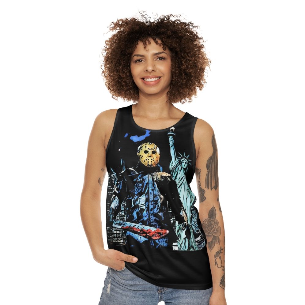 "Jason Takes Manhattan" Unisex Tank Top featuring the iconic Friday the 13th slasher - women