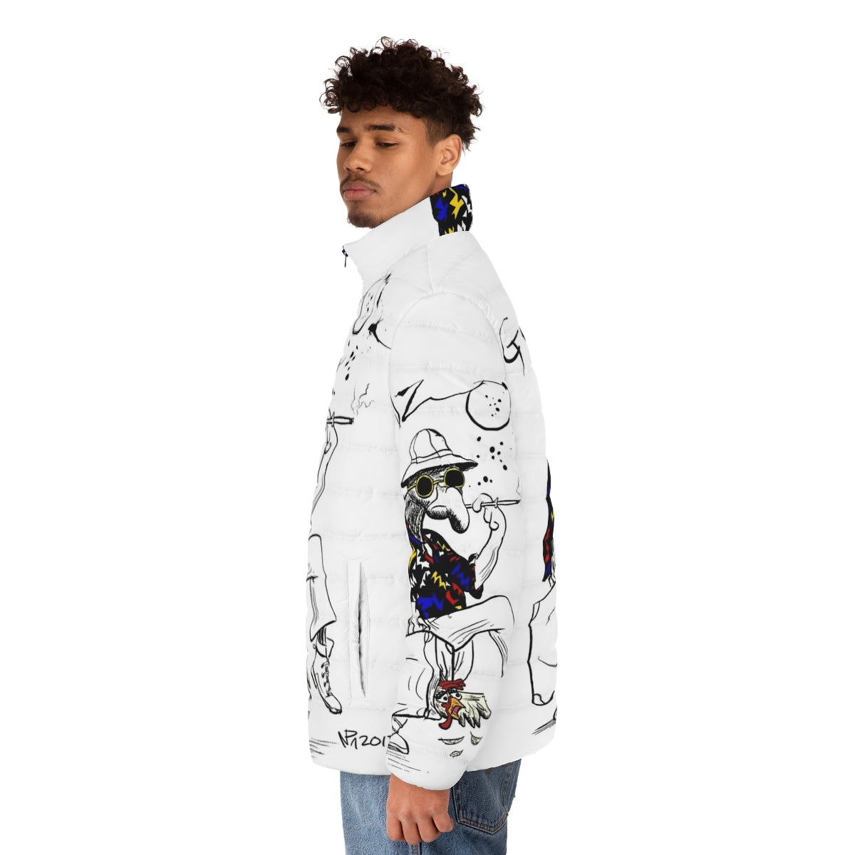 Gonzo Fear and Loathing in Las Vegas inspired puffer jacket with psychedelic pop art design - men side left