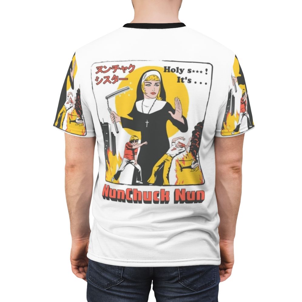 Nunchuck Nun graphic t-shirt design featuring a nun wielding nunchucks in a city setting - men back