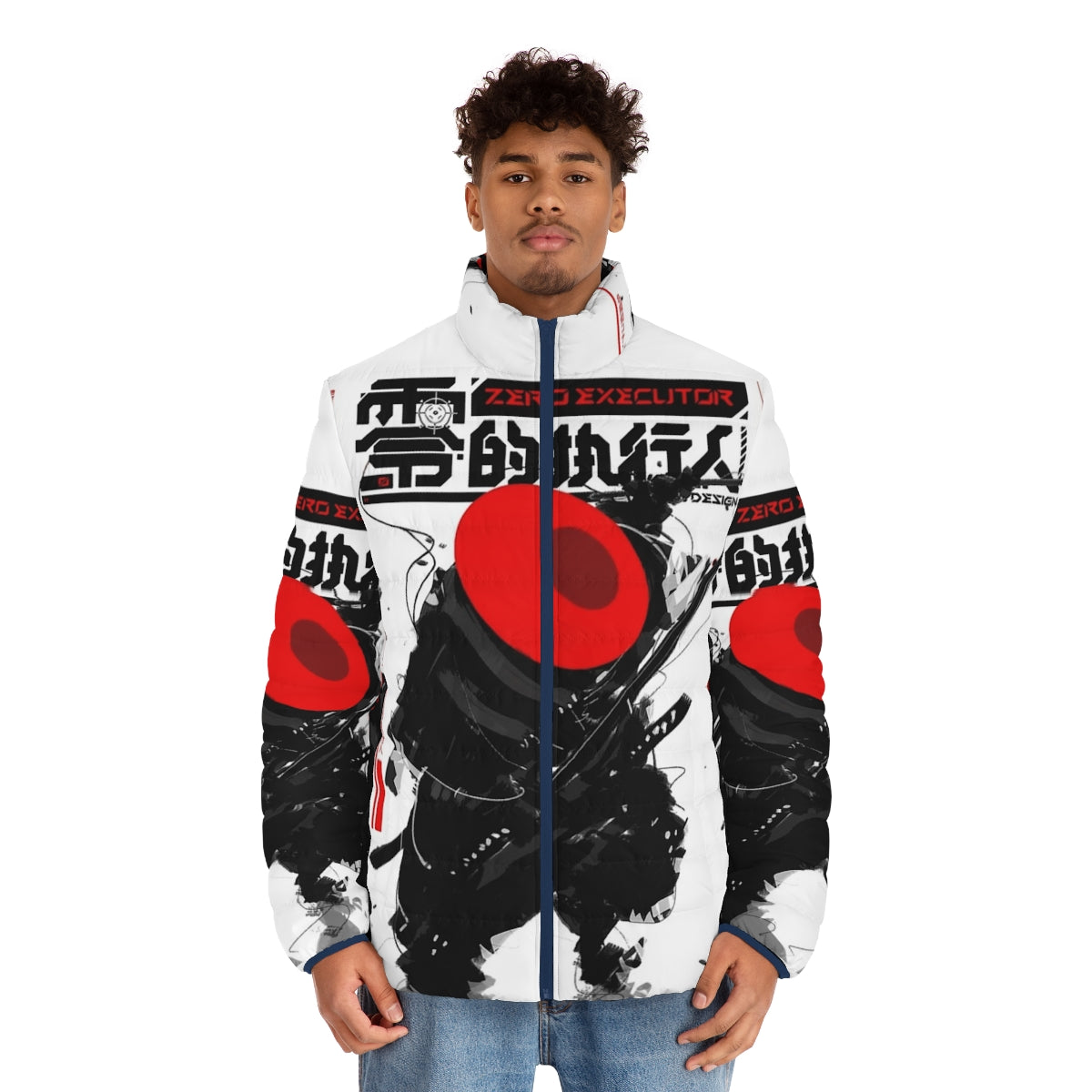 Red puffer jacket with samurai and cyberpunk inspired design - men front