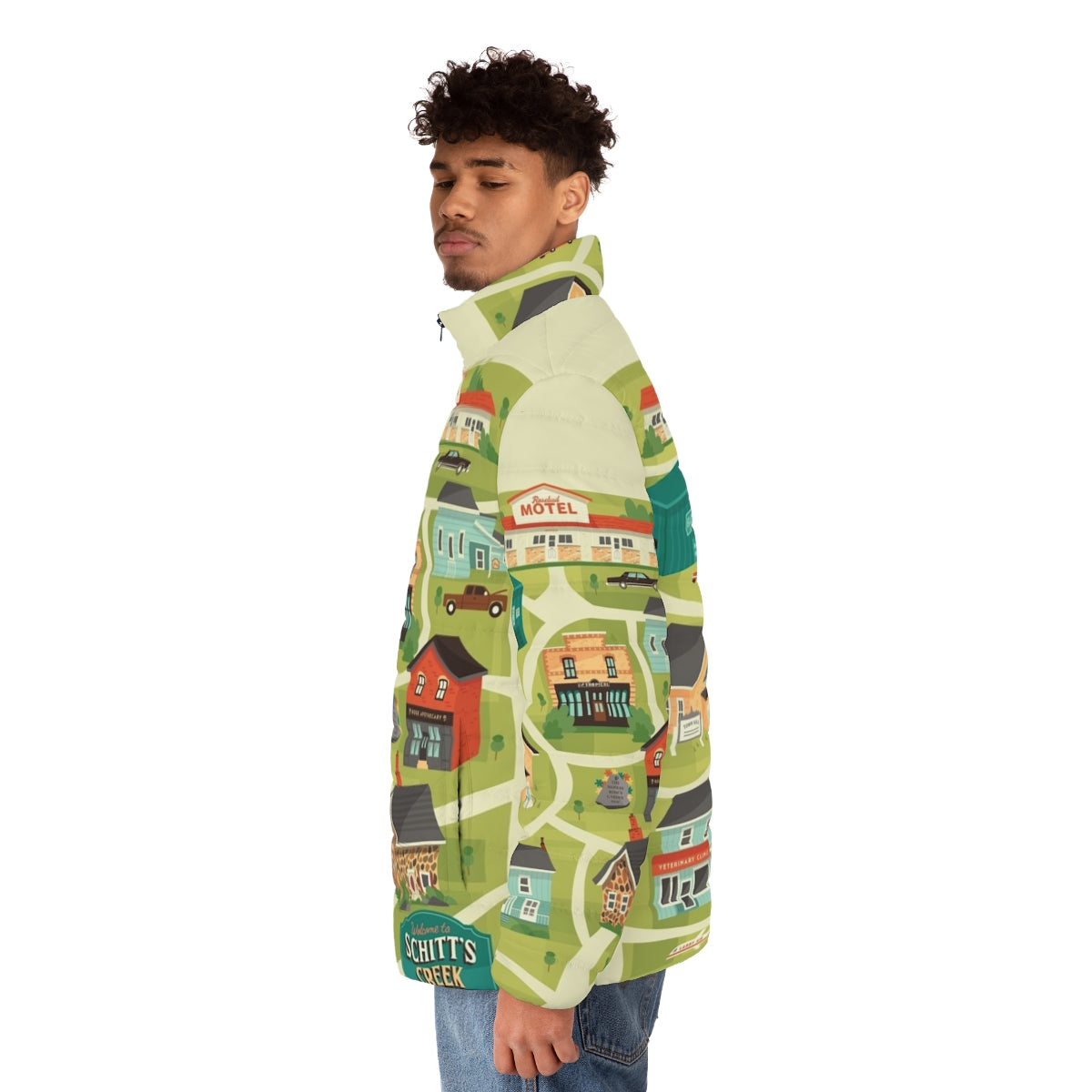 Schitt's Creek Town Map Puffer Jacket with Sitcom Characters - men side left