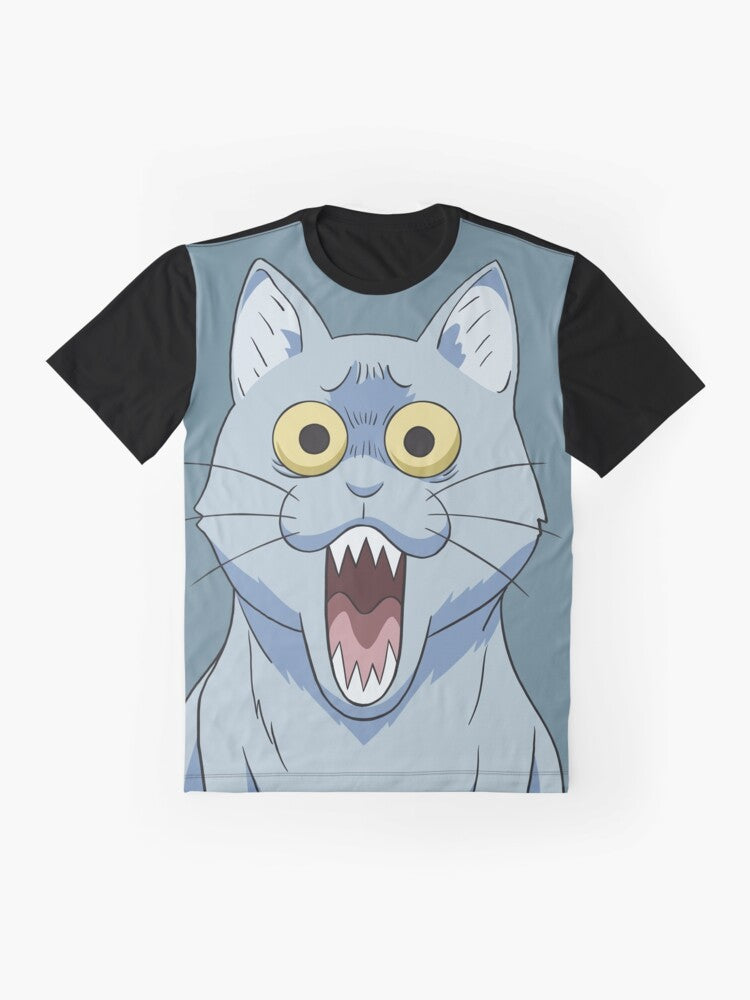 Illustration of a horrified, shocked, and surprised cat with a disgusted expression, perfect for an anime or manga-inspired t-shirt design. - Flat lay