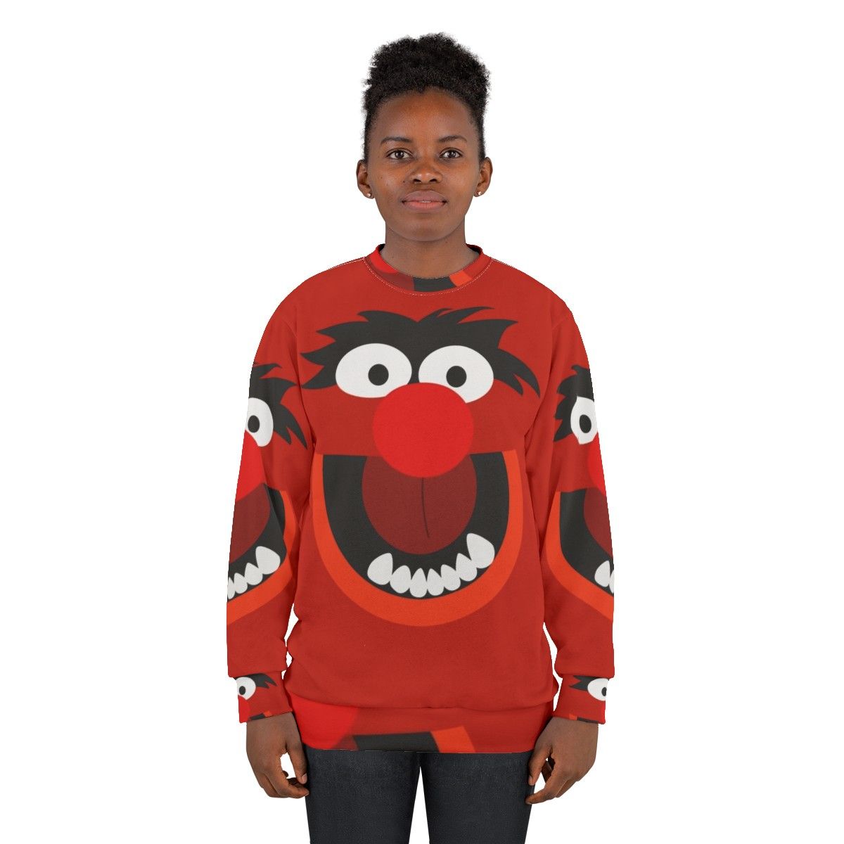 Colorful animal sweatshirt with muppets inspired cartoon creature design - women