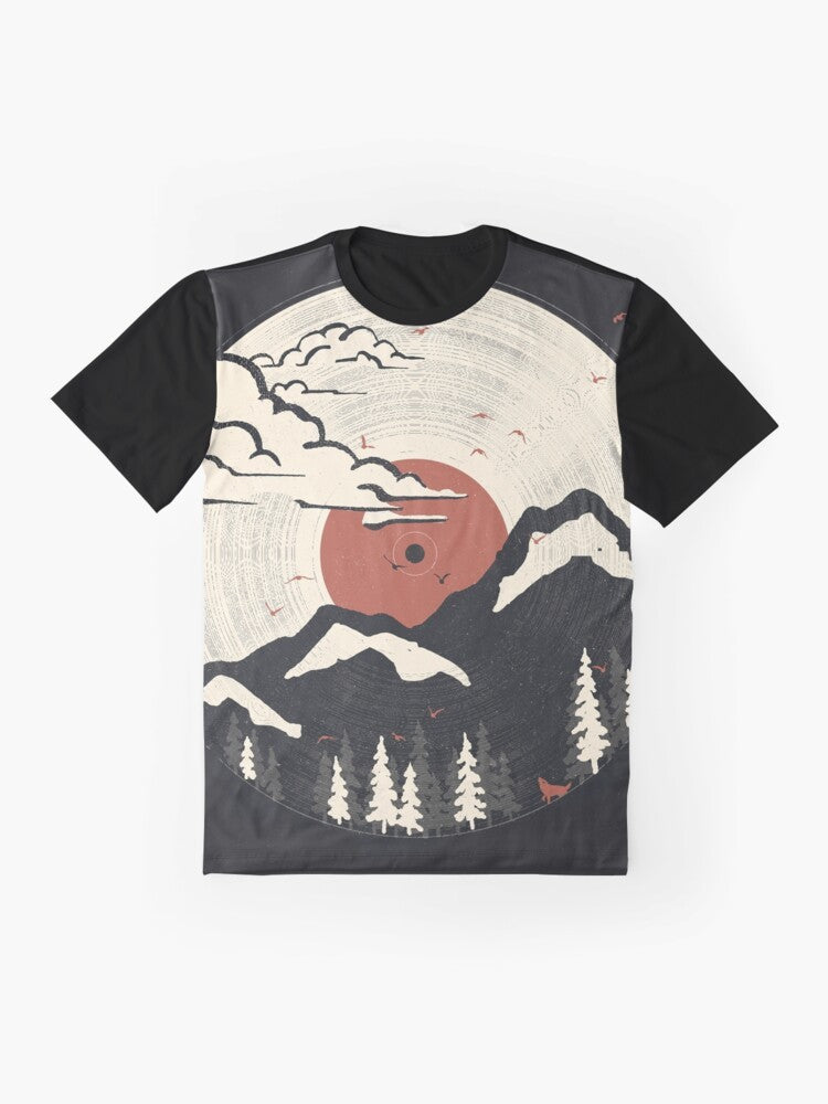 Mountain wildlife and nature graphic t-shirt with music and vinyl record design - Flat lay