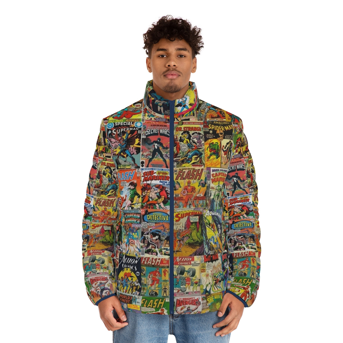 Vintage comic book pattern puffer jacket with colorful superhero graphics - men front