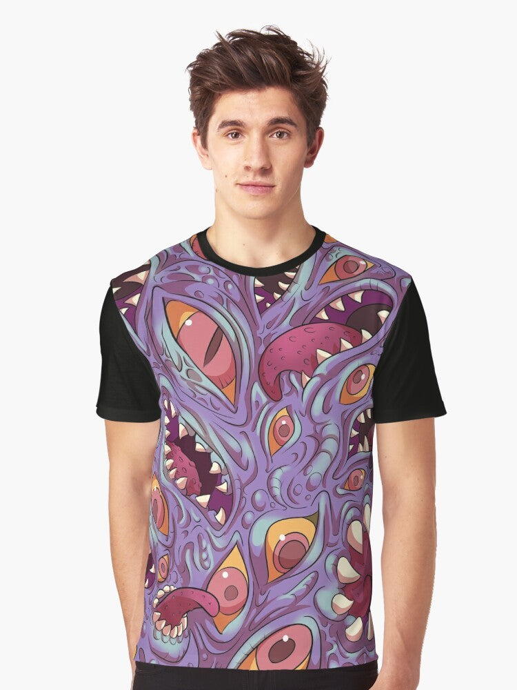 Lovecraftian-inspired graphic t-shirt featuring eldritch cthulhu monster with eyes, mouths, and fangs on a purple textured background. - Men