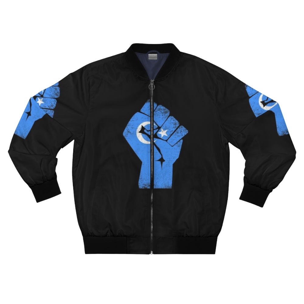 Free the Uyghurs bomber jacket with text and graphics supporting the Uyghur people