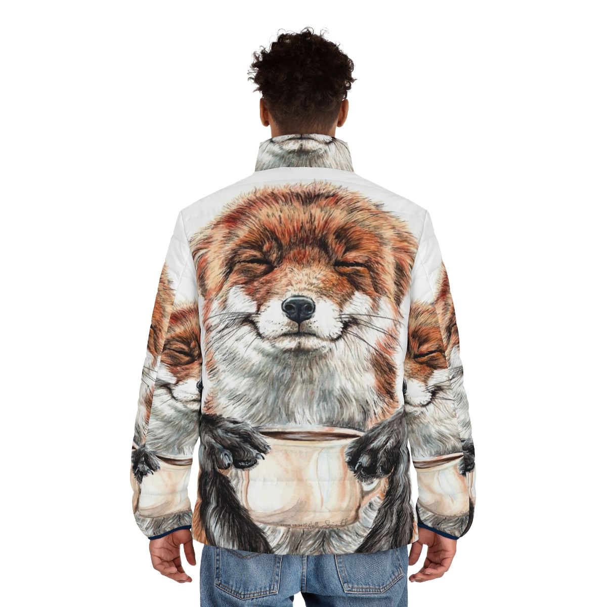 Watercolor illustration of a red fox drinking coffee on a puffer jacket - men back