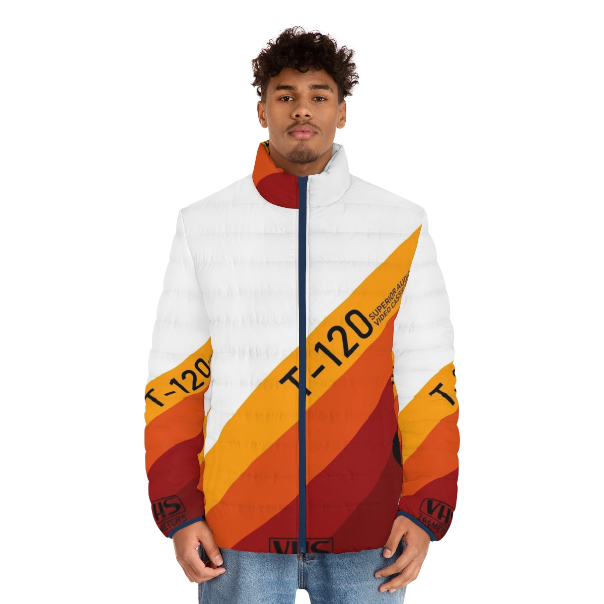 Retro 90s vaporwave style puffer jacket with VHS cassette tape and neon aesthetic - men front