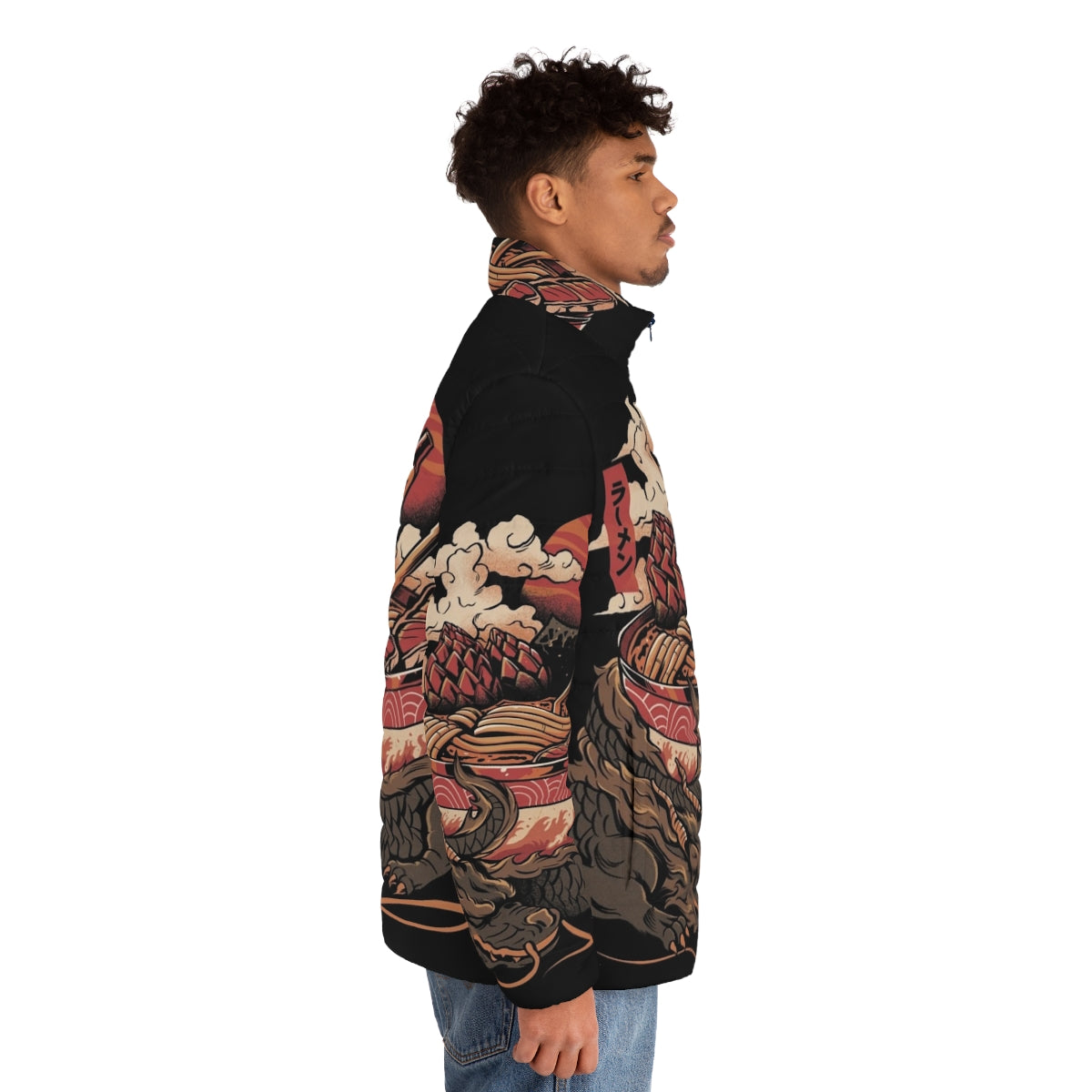 Model wearing a puffer jacket with a dragon and ramen bowl design, focus keyword: dragon ramen puffer jacket - men side right