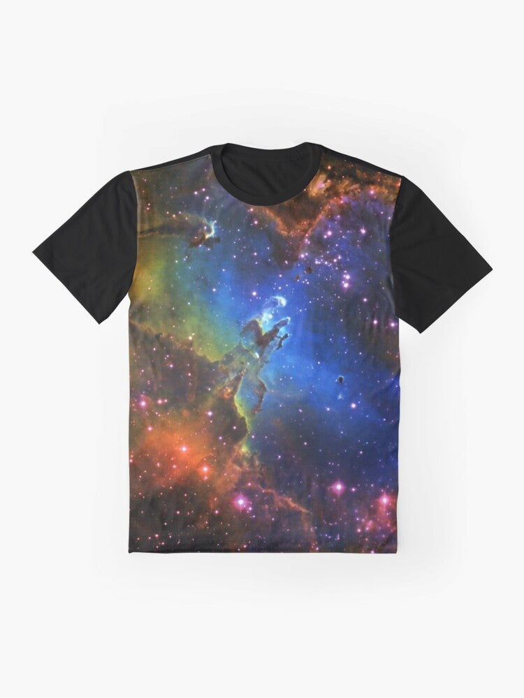 Graphic t-shirt with a stylized eagle design against a galaxy and nebula background - Flat lay