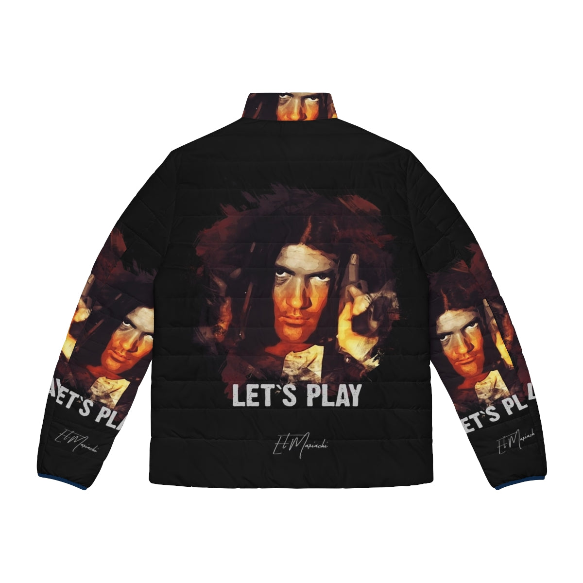 El Mariachi Puffer Jacket, featuring a guitar-playing protagonist from the iconic film - Back