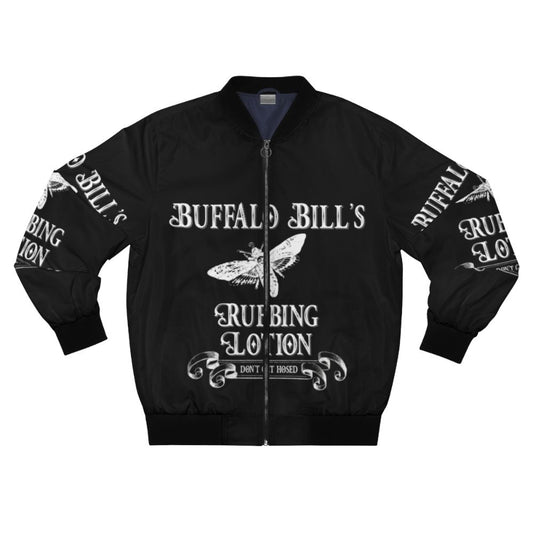 Spooky bomber jacket with Buffalo Bill "it rubs the lotion" horror design