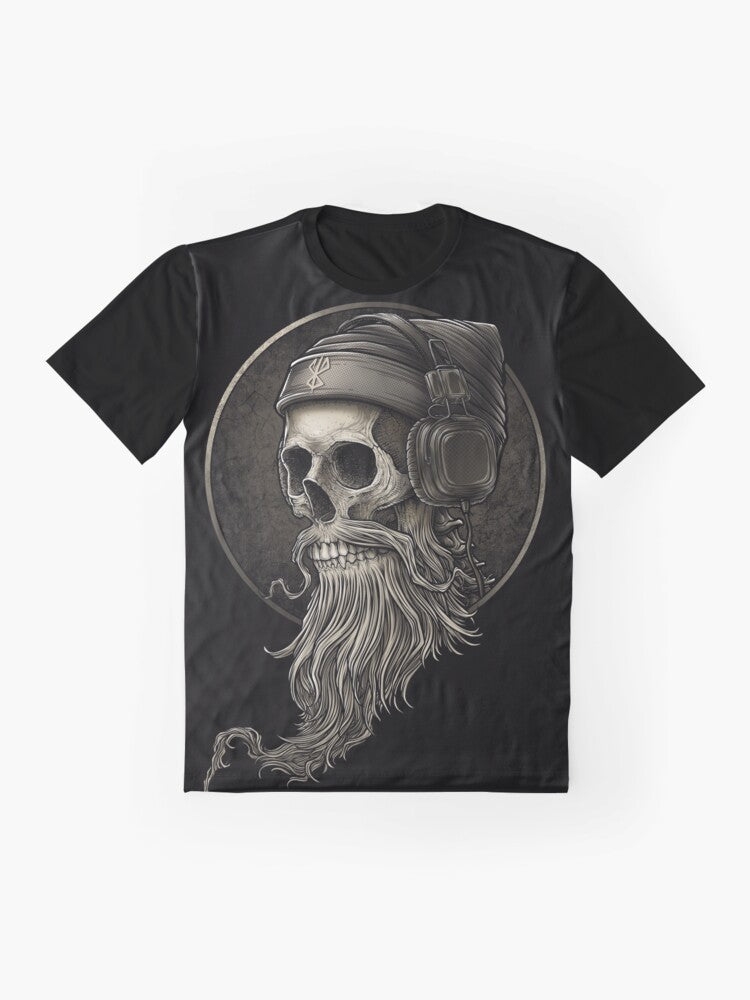 Vintage Viking skull beard with headphone graphic printed on a t-shirt - Flat lay