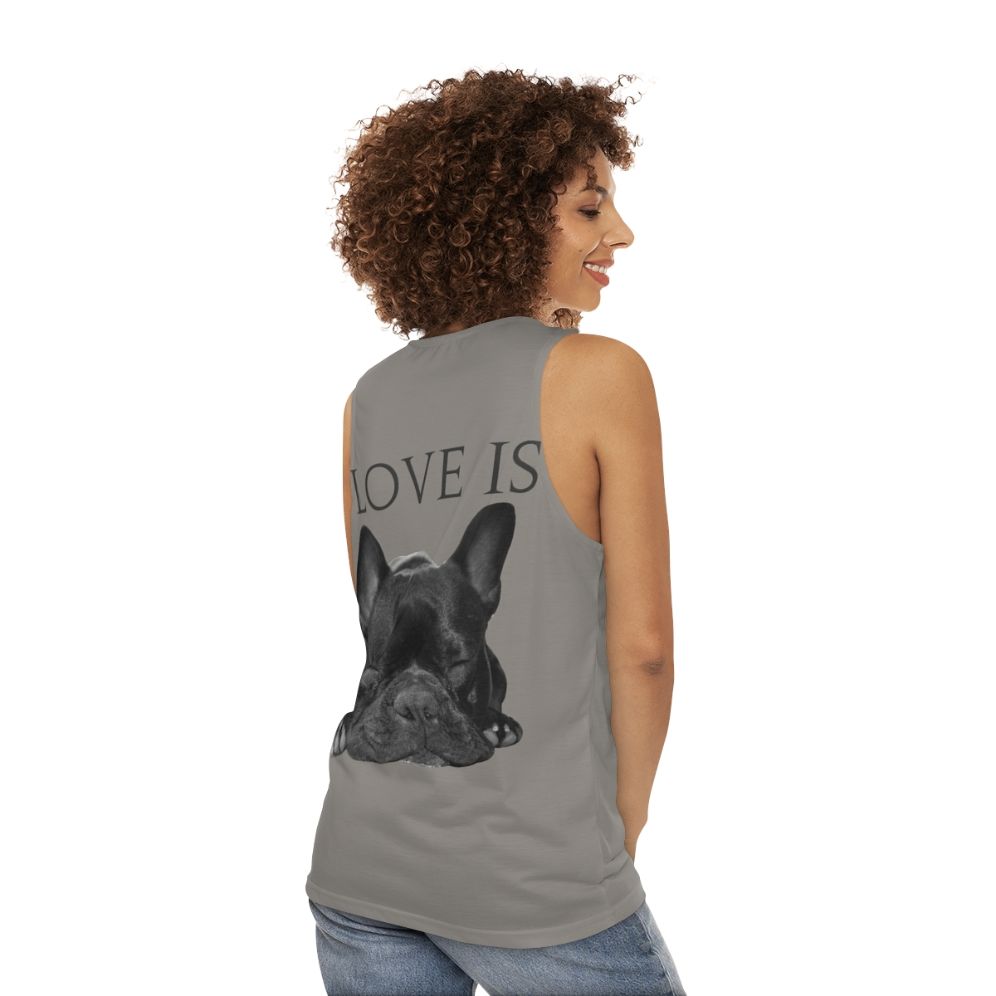 Unisex tank top with a cute French bulldog design - women back