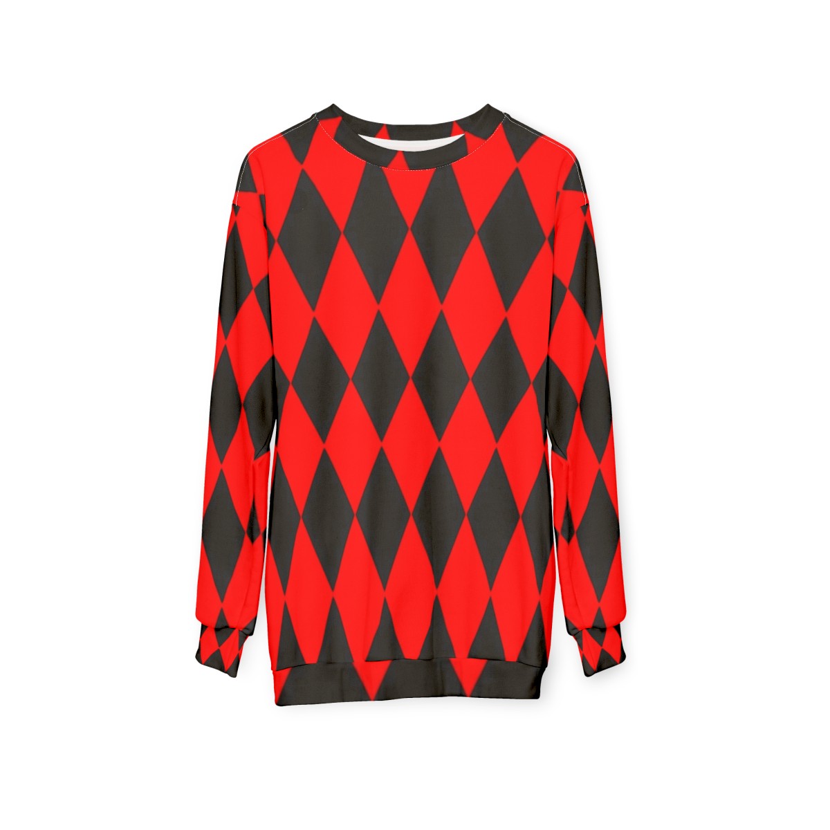 Red and Black Harlequin Diamond Pattern Sweatshirt - hanging