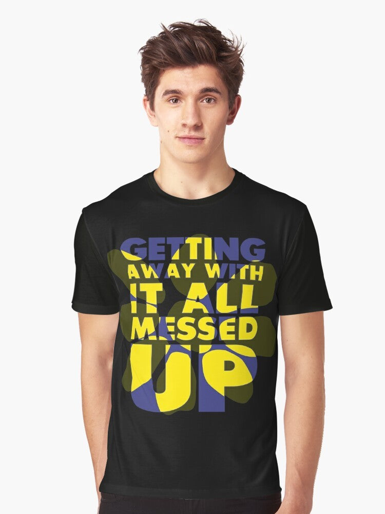 "Getting Away With It" graphic t-shirt featuring the James band logo in blue and yellow colors - Men