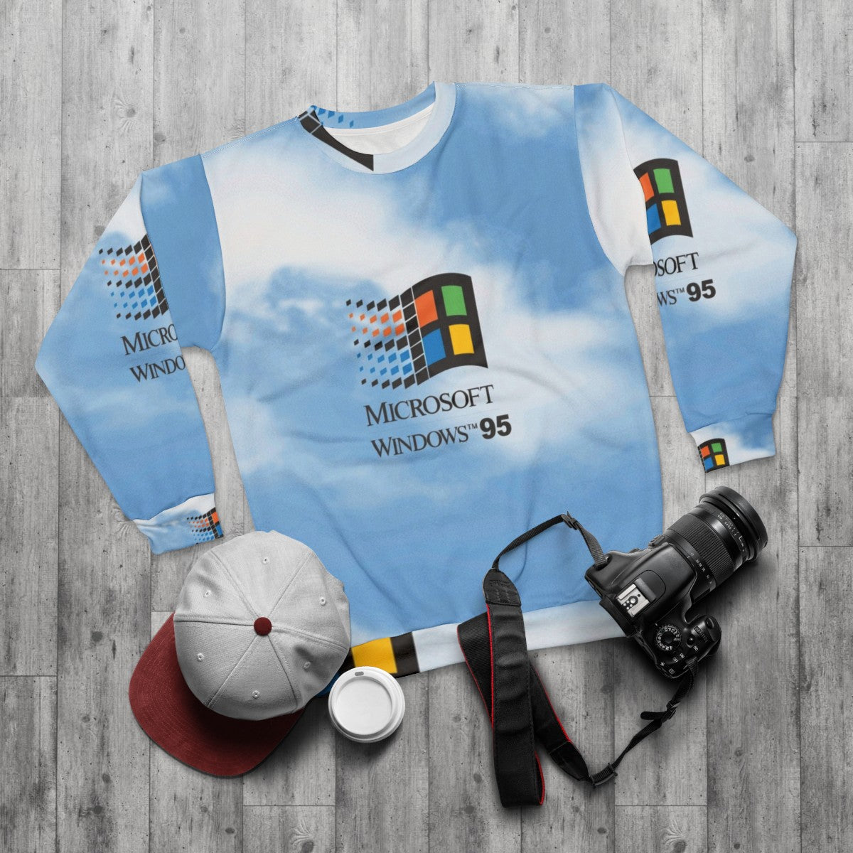 Retro Windows 95 & 98 logo sweatshirt in classic sky blue aesthetic - flat lay