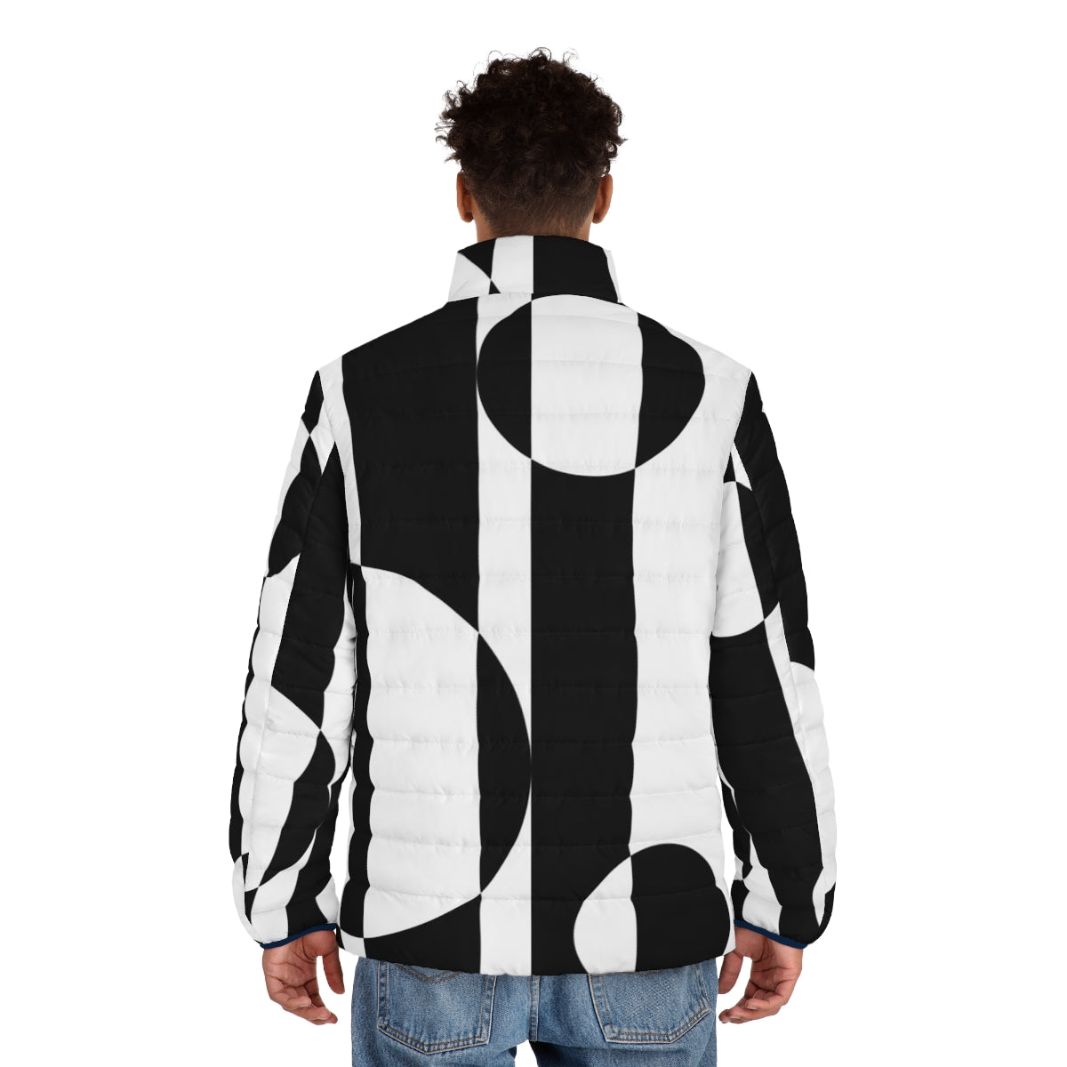 Retro 1960s op art style black and white puffer jacket - men back