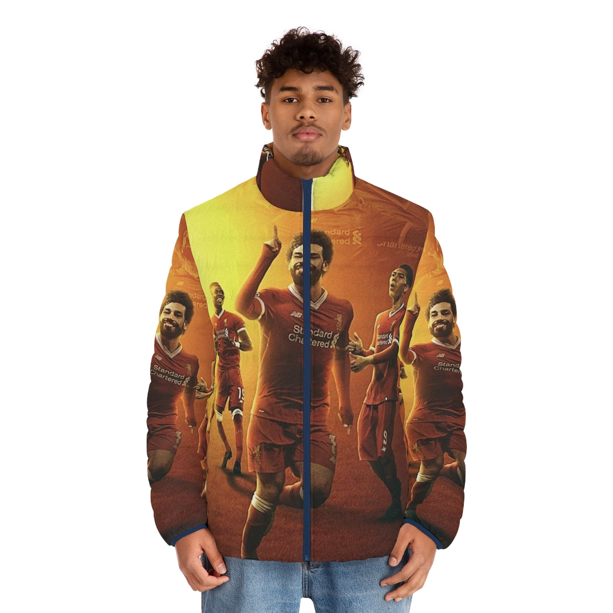 Mohamed Salah inspired puffer jacket featuring his iconic illustration - men front