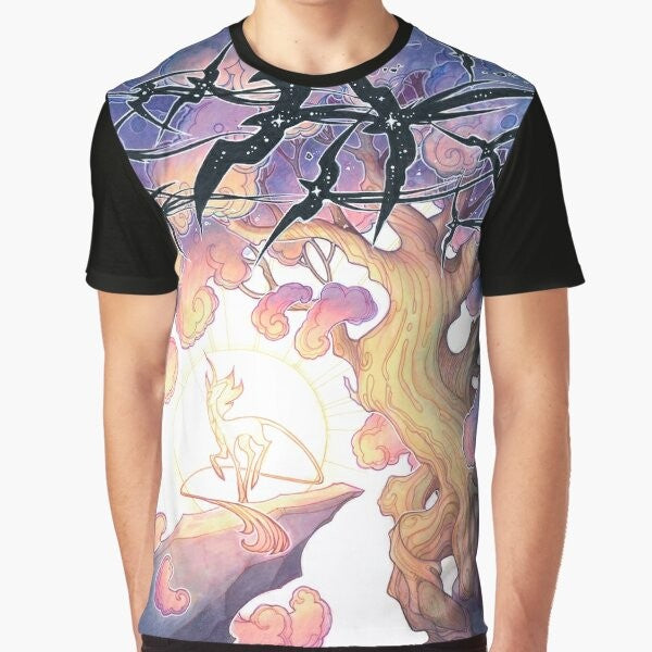 A graphic t-shirt featuring a fantasy design with a night sky, stars, and mythical creatures like unicorns and birds.