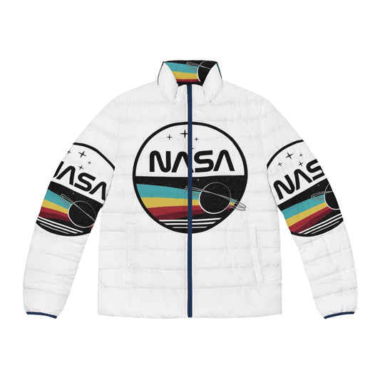 NASA inspired retro puffer jacket with night sky and space graphics