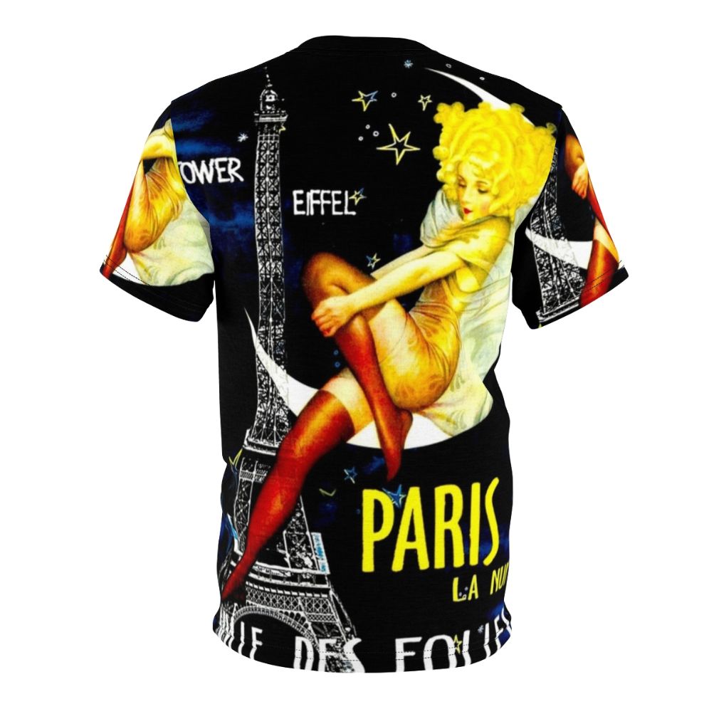 Vintage-inspired t-shirt with Paris Folies Bergere-inspired travel art print design featuring the Eiffel Tower, pinup girls, and abstract elements. - Back