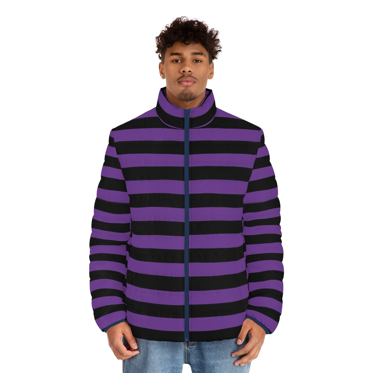 Striped purple and black puffer jacket with thick horizontal stripes - men front