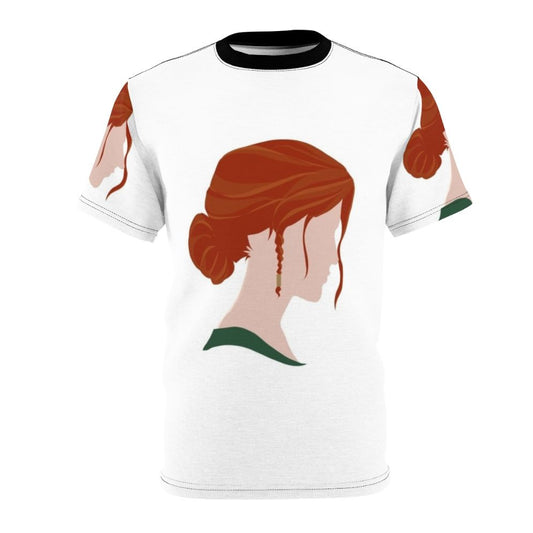 A high-quality all-over print t-shirt featuring the character Triss Merigold from the fantasy video game series The Witcher.