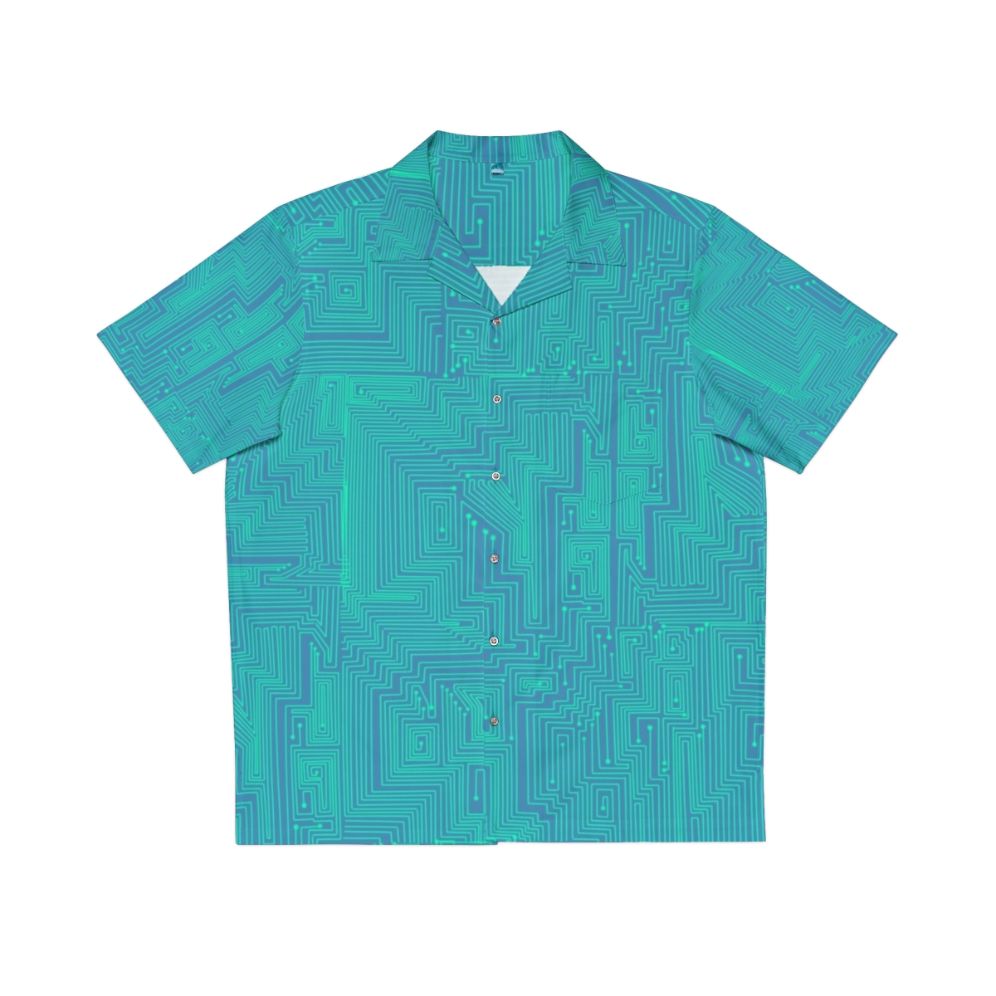 Motherboard-patterned Hawaiian shirt with electronic components