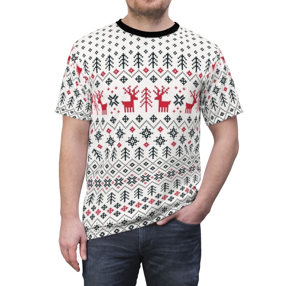 A graphic t-shirt featuring a cozy, retro-inspired holiday sweater pattern design. - men front