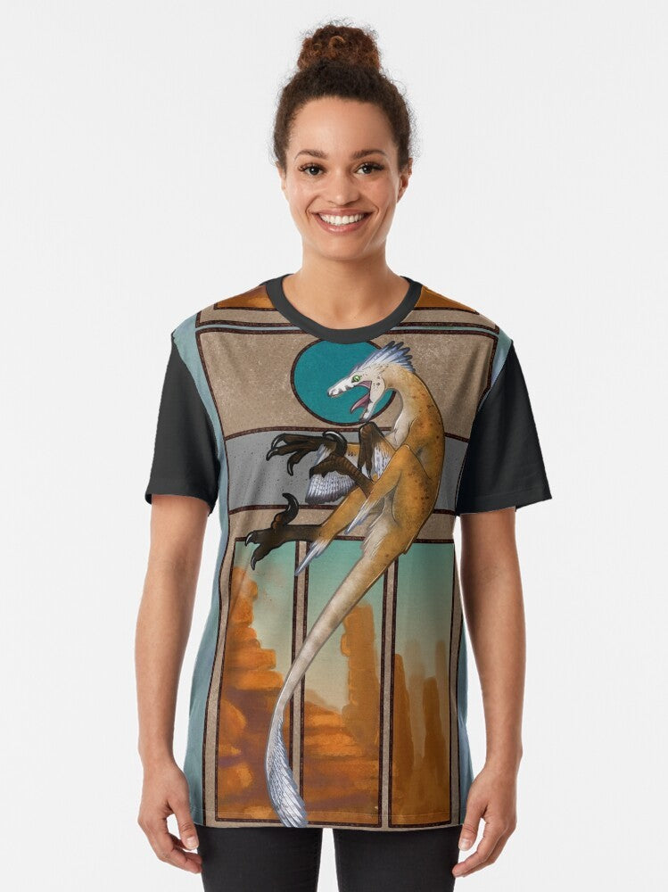 Velociraptor dinosaur illustration on a graphic t-shirt - Women