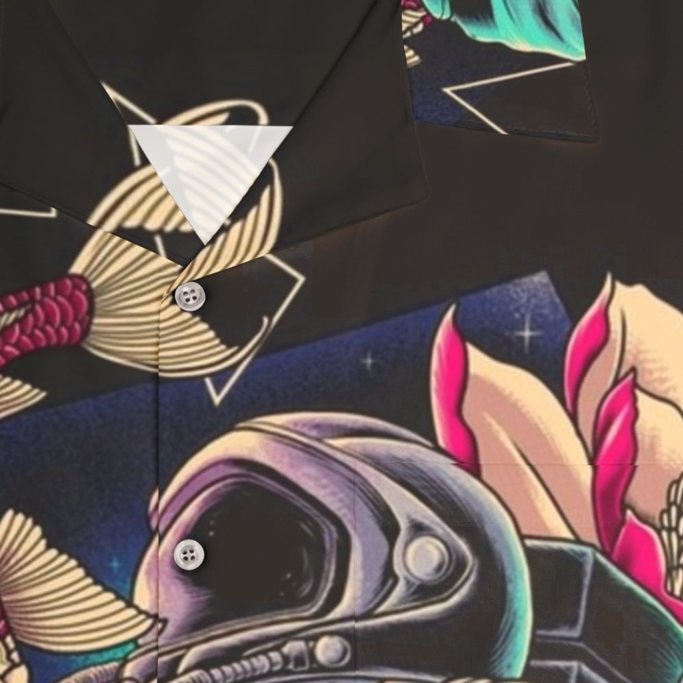 Deep space-themed Hawaiian shirt with astronaut, stars, and cosmic patterns - Detail