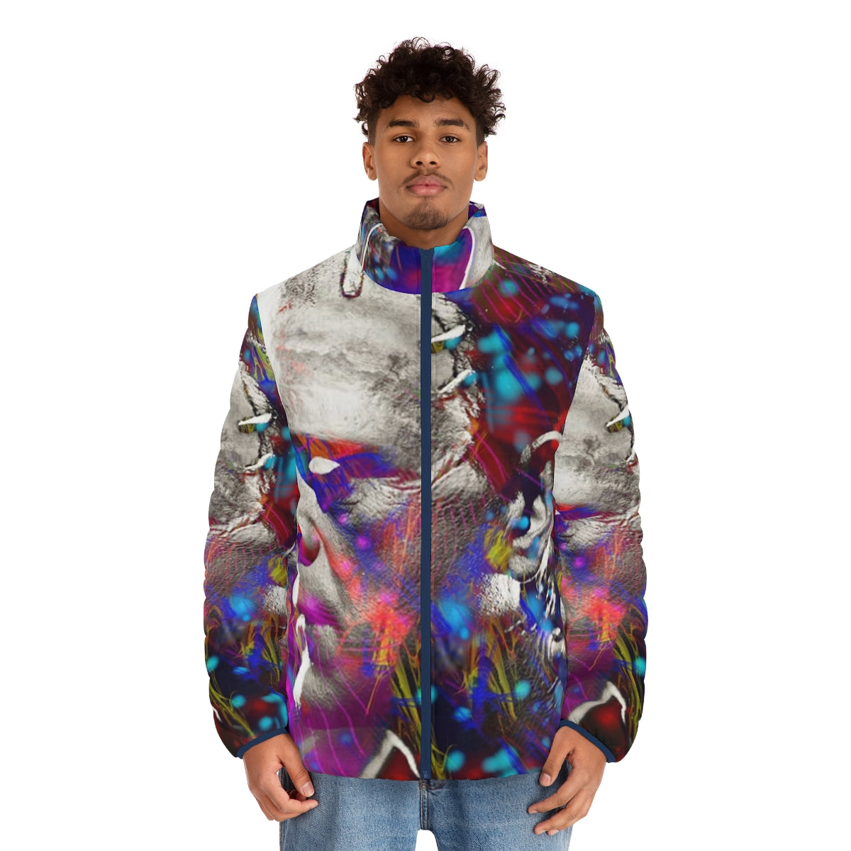 Frankenstein puffer jacket with a graphic monster design - men front