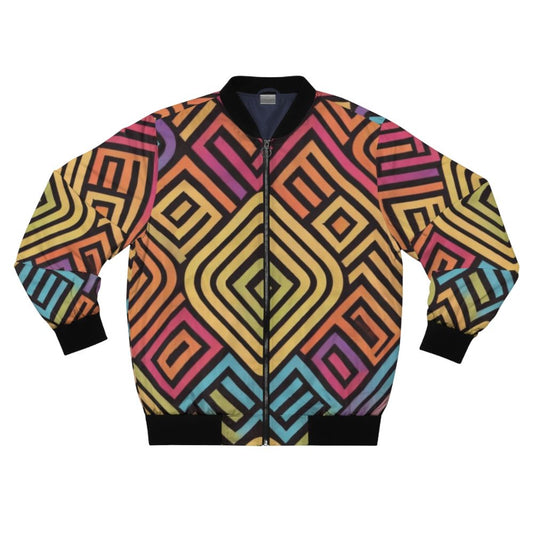 Colorful bomber jacket with a gender diversity pattern, showcasing inclusivity and celebrating gender identity.