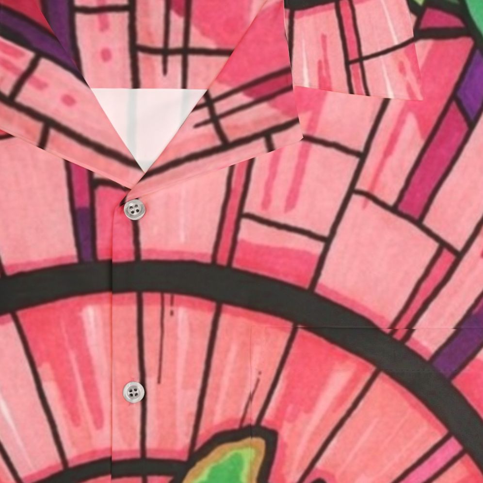 Martha's Vineyard pink and green Hawaiian shirt with stained glass and concentric circle motif - Detail