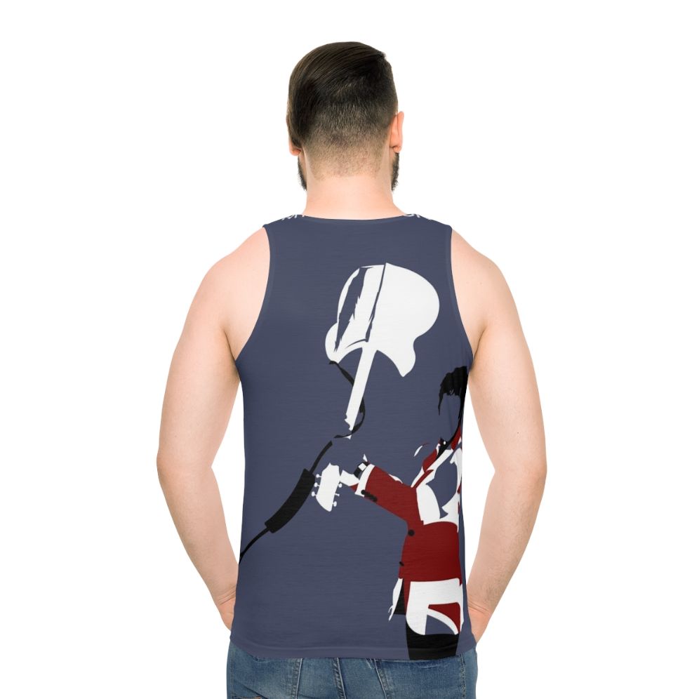 Unisex tank top with minimalist art of Pete Townshend's smashing guitar - men back