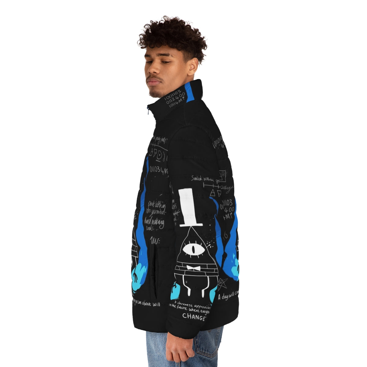 A dark and mysterious puffer jacket inspired by the supernatural elements of Disney's Gravity Falls - men side left