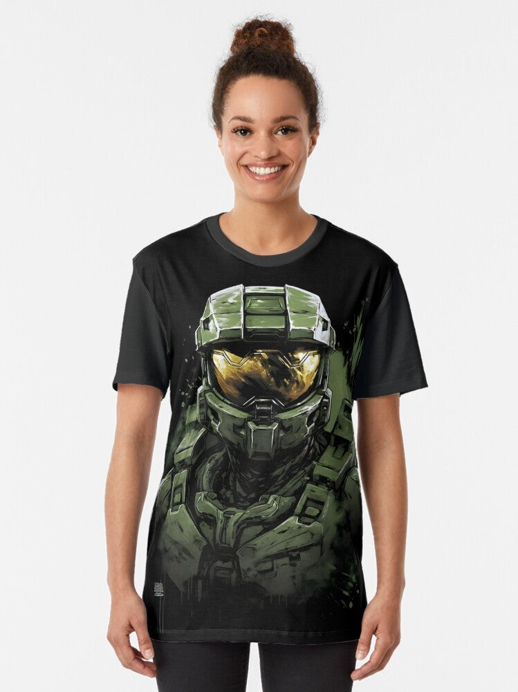 Master Chief character from the Halo video game franchise wearing abstract gaming art design - Women