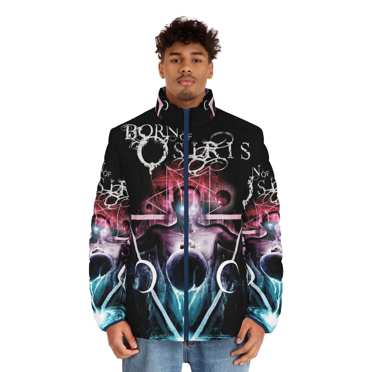 Born of Osiris Abstract Chaos Puffer Jacket, metal band-inspired winter outerwear - men front