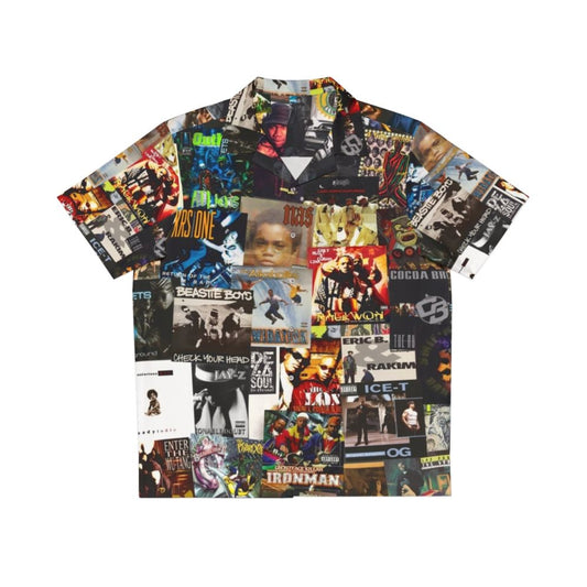 Vintage 90s hip hop classics album cover pattern on a hawaiian shirt