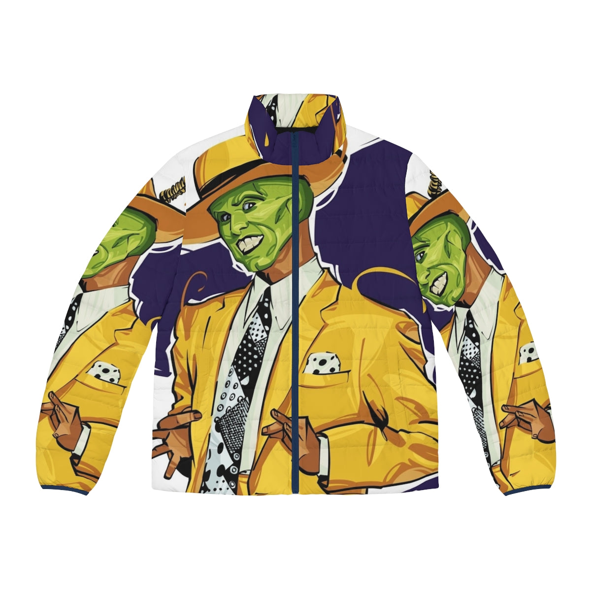 The Mask Puffer Jacket 2 featuring a yellow and purple color scheme inspired by the iconic comic book character