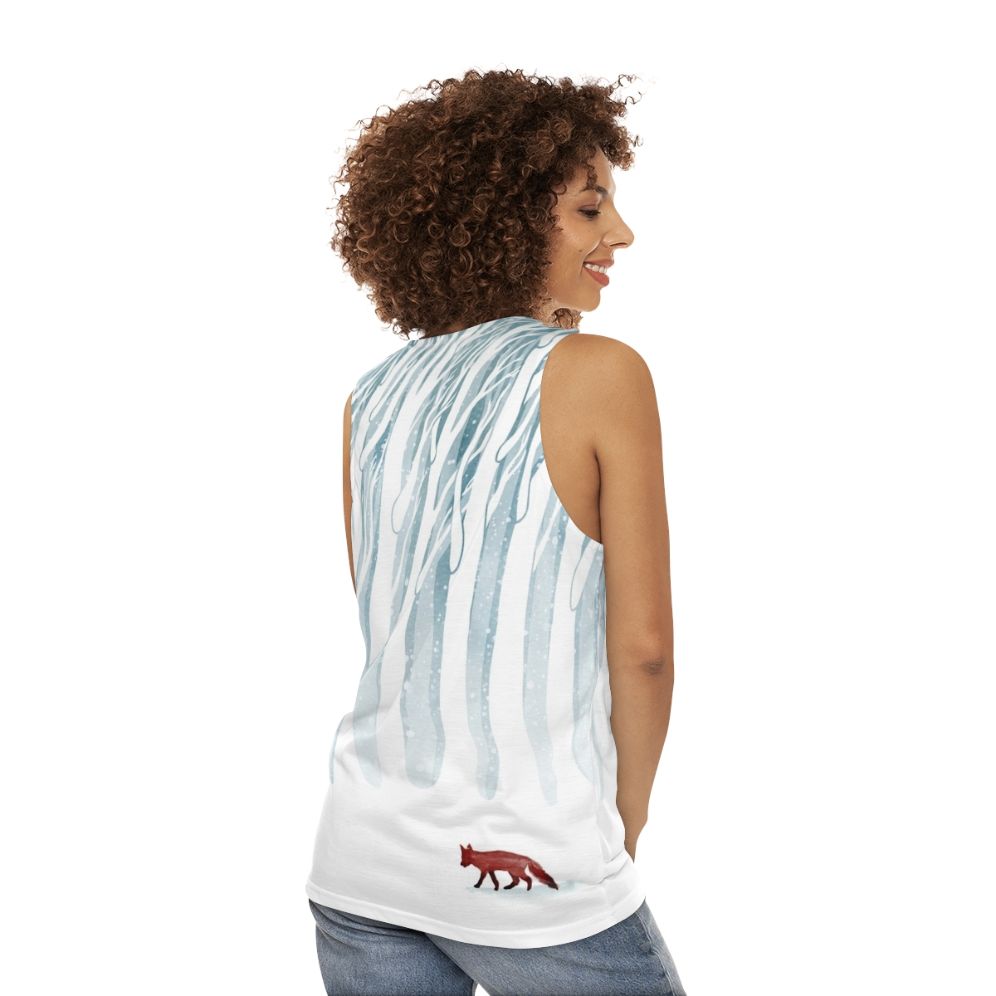 Unisex tank top with a snowy forest and fox design - women back