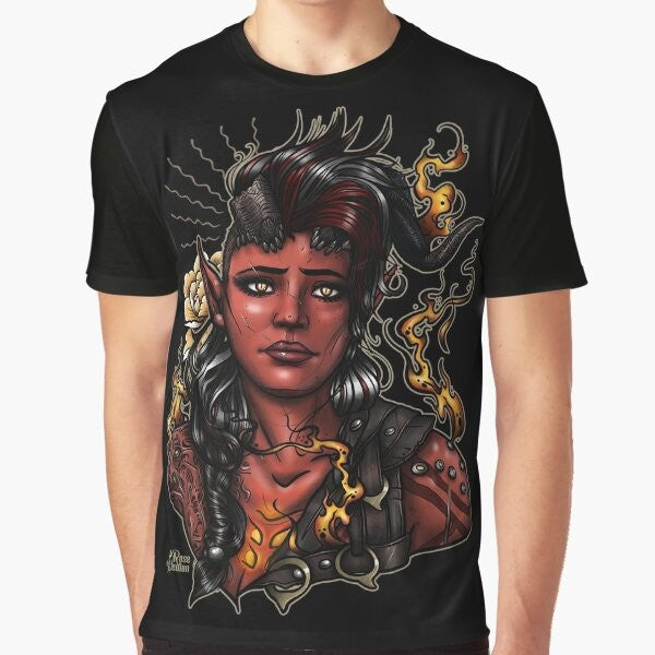 Karlach Demon Graphic T-Shirt featuring a rose demon character from Baldurs Gate 3 video game