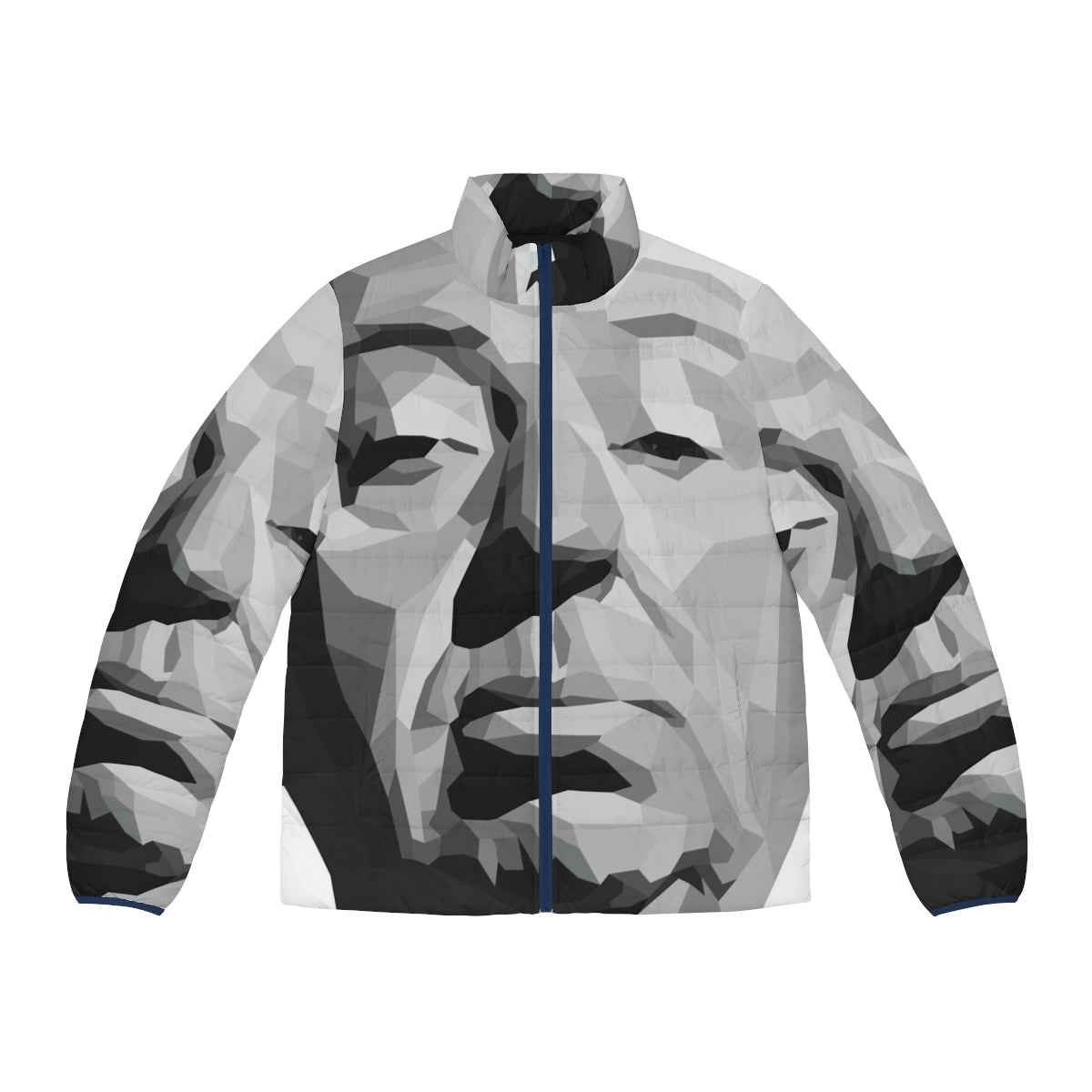 Alfred Hitchcock inspired puffer jacket with bold bird and cigar design